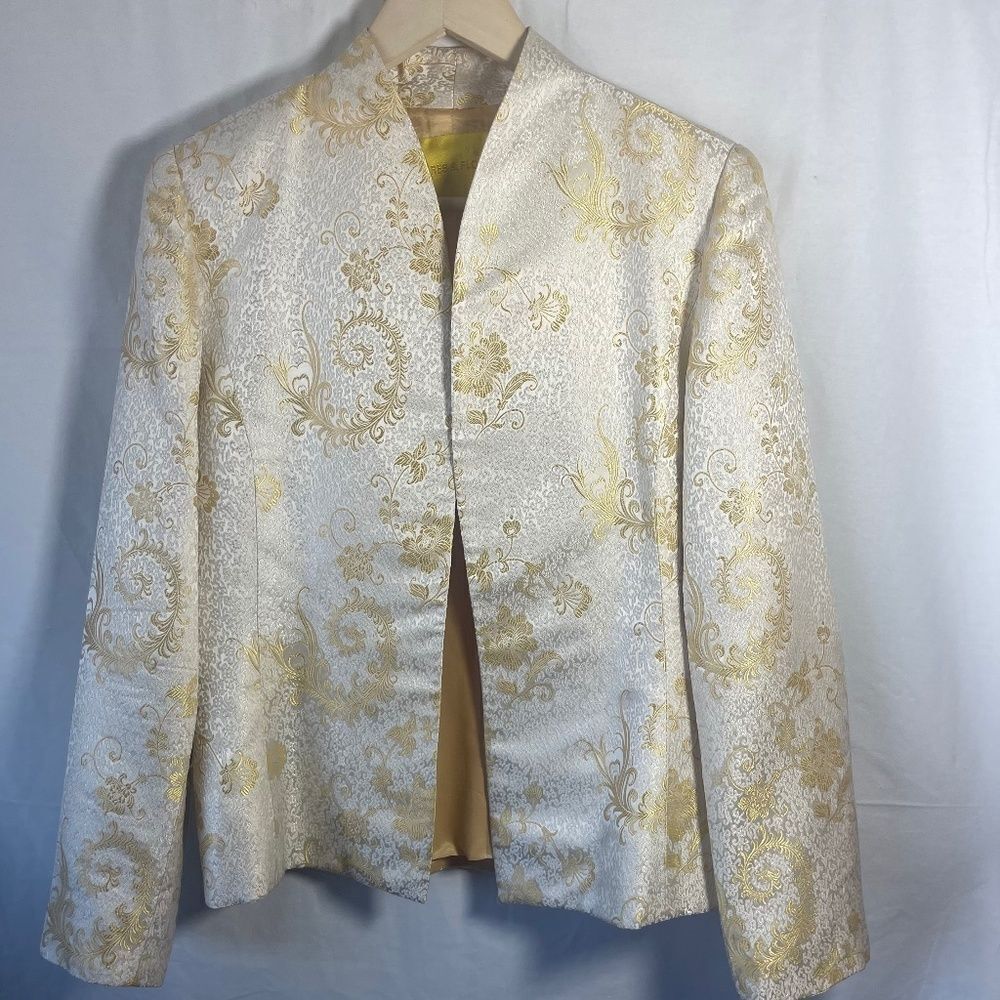 Flores & Flores Vintage Cream/Gold Viscose/Silk Blend Open Front Jacket Sz 10